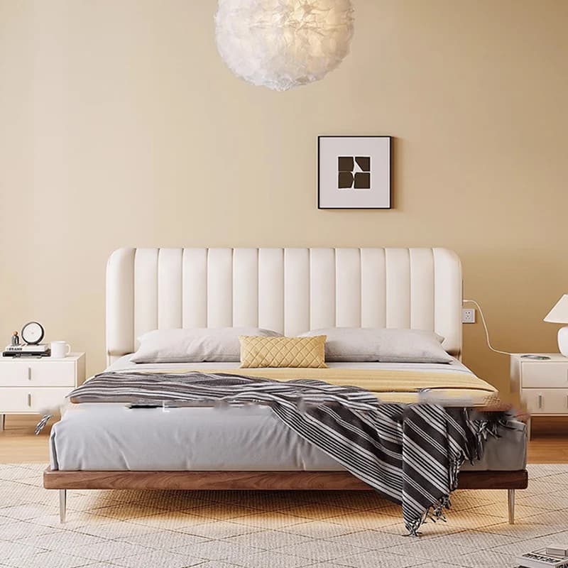 White Lumbar Support Bed Frames Charging Station Modern Loft Adults Bed Frames King Size Low Lit 2 Personnes Bedroom Furniture