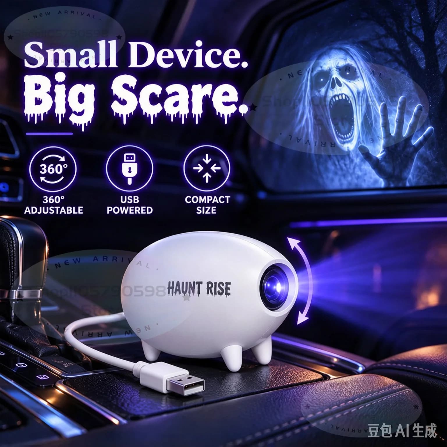 Halloween Horror Window Projector, Haunt Rise Mini USB Portable Projector 360° Adjustable, Spooky Ghost Movie Projection Lamp