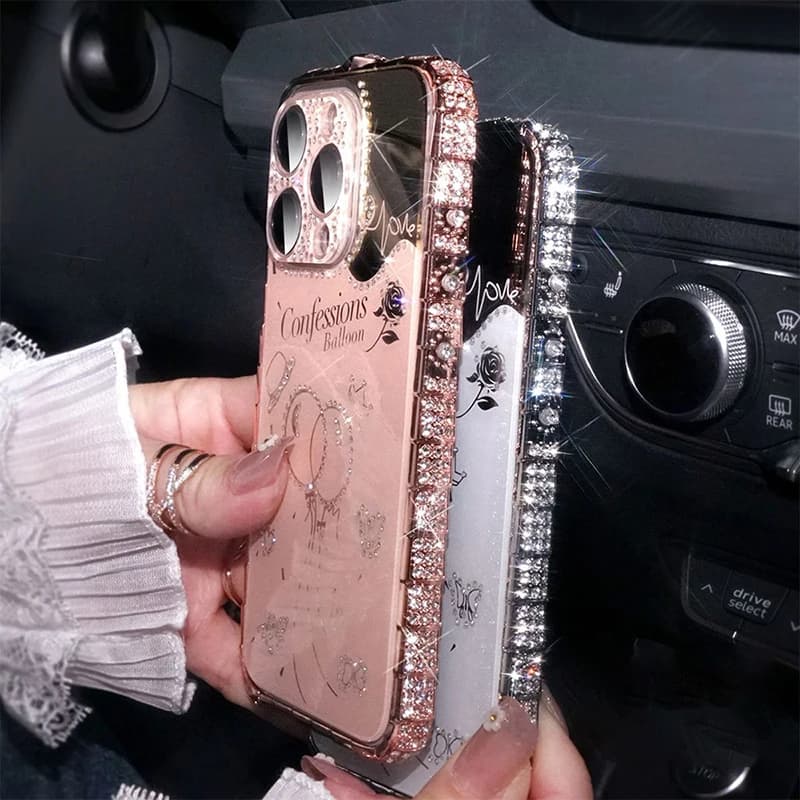 For iPhone 15 Pro Max Case Diamond-Inlaid Frame for iPhone 16 15 14pro 13 12Pro Max Phone Case Luxury Makeup Mirror Back Cover