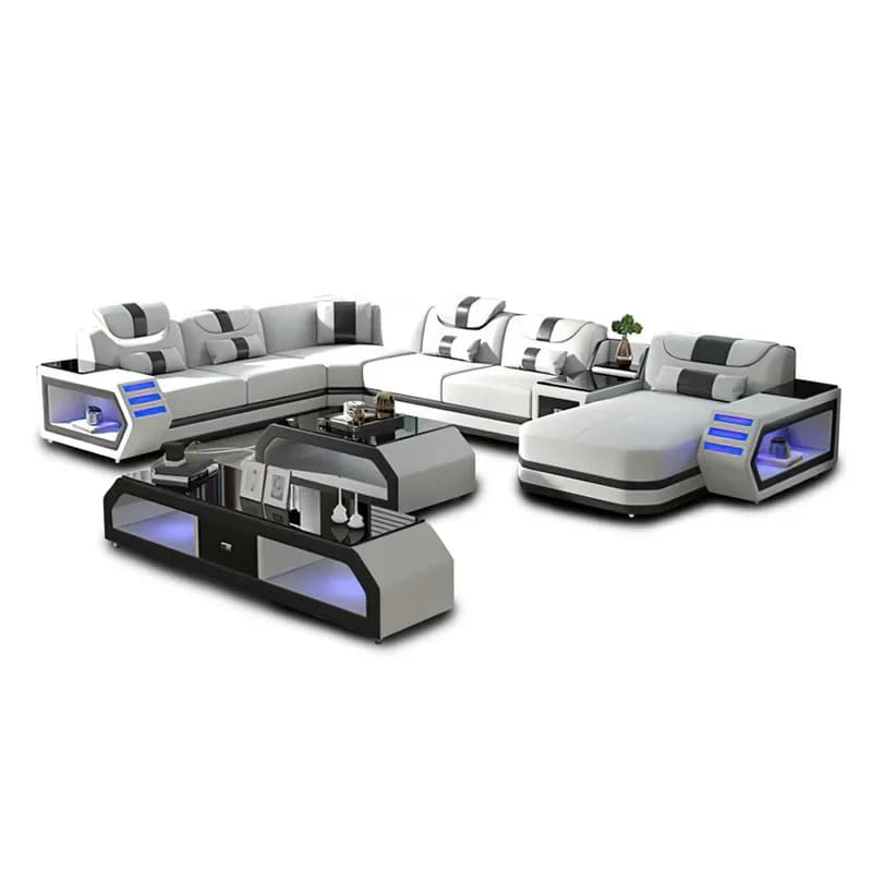 -ForModern Living Room Sofa Set Genuine Leather Sofas with USB Music Speaker&