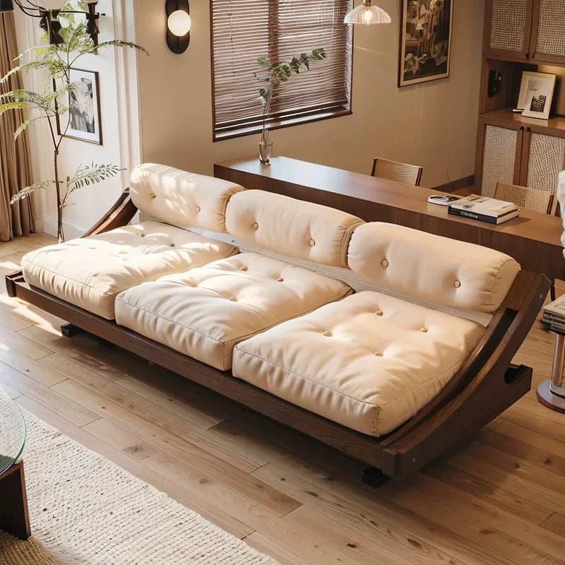LH small apartment sofa living room straight row retro style solid wood armrest sofa