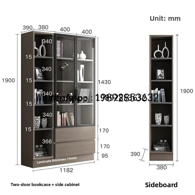 F2 Modern Minimalist Glass Door Bookcase Study Room with Drawer Side Cabinet Storage Organizer