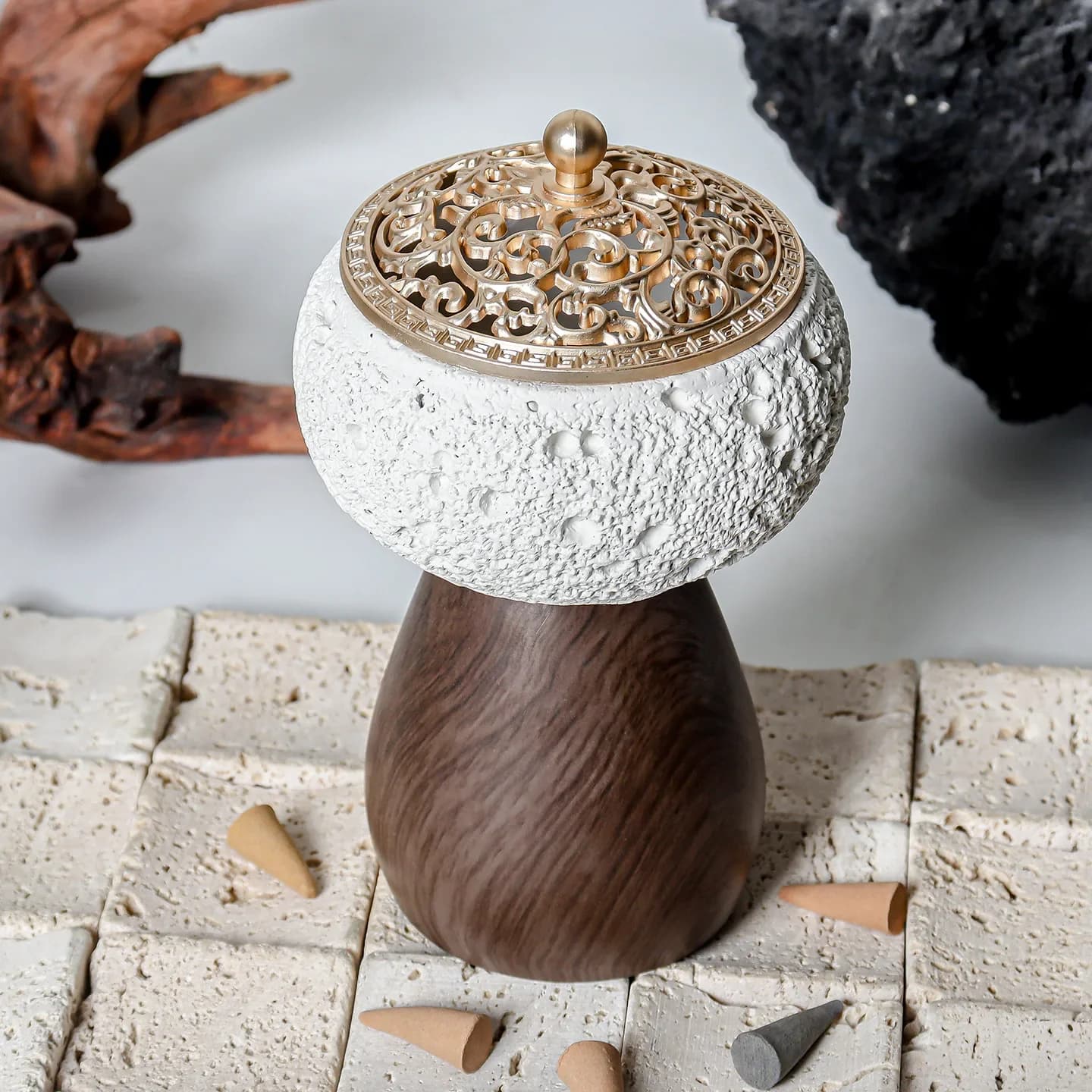 Retro Cement Incense Burner with Lid, Bowl Burner，Cone Incense Burner, Ceramic Censer Suitable for Incense/Cone/Sticks