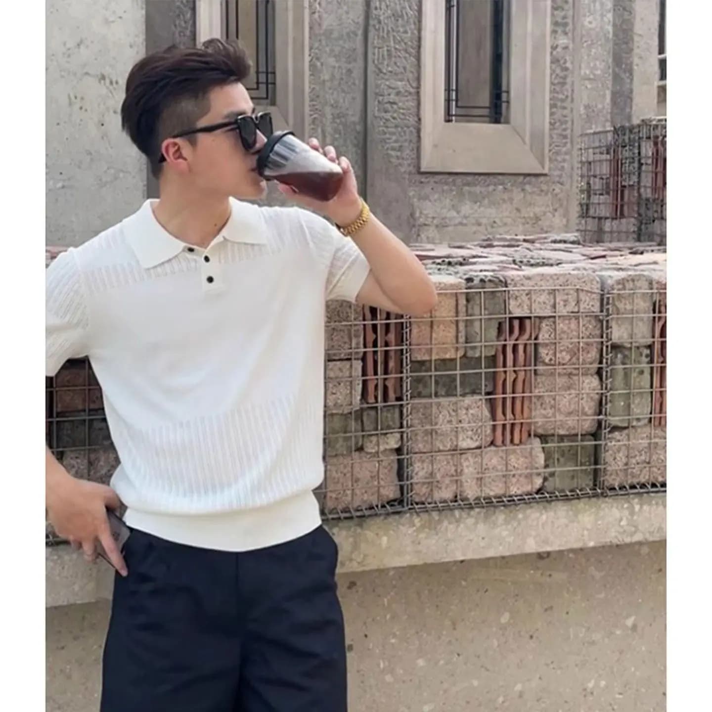 2026 Summer New Style Men's Light-Weight Mature Style Checkered Stripes Open-Weave Knitted Polo Shirt Short Sleeve