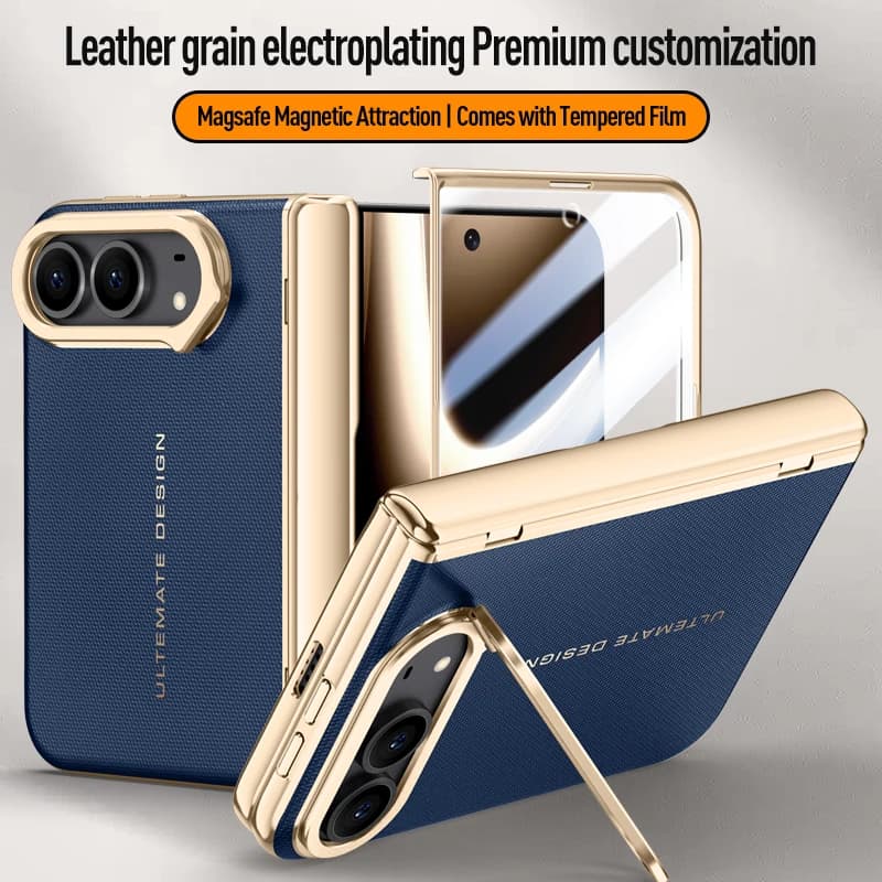 For iPhone Duo Case Electroplated Matte Leather Folding Hinge With Tempered Film Lens Bracket Shockproof Back Case Accessories