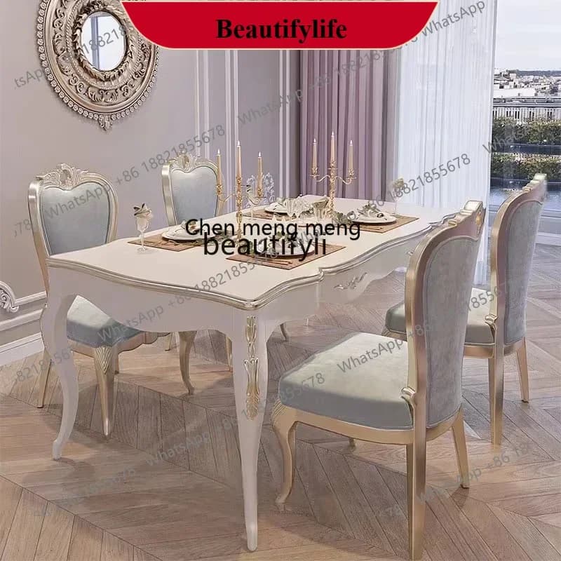 z183  French neoclassical solid wood dining table and chair combination European carved square luxury dining table for 6 people