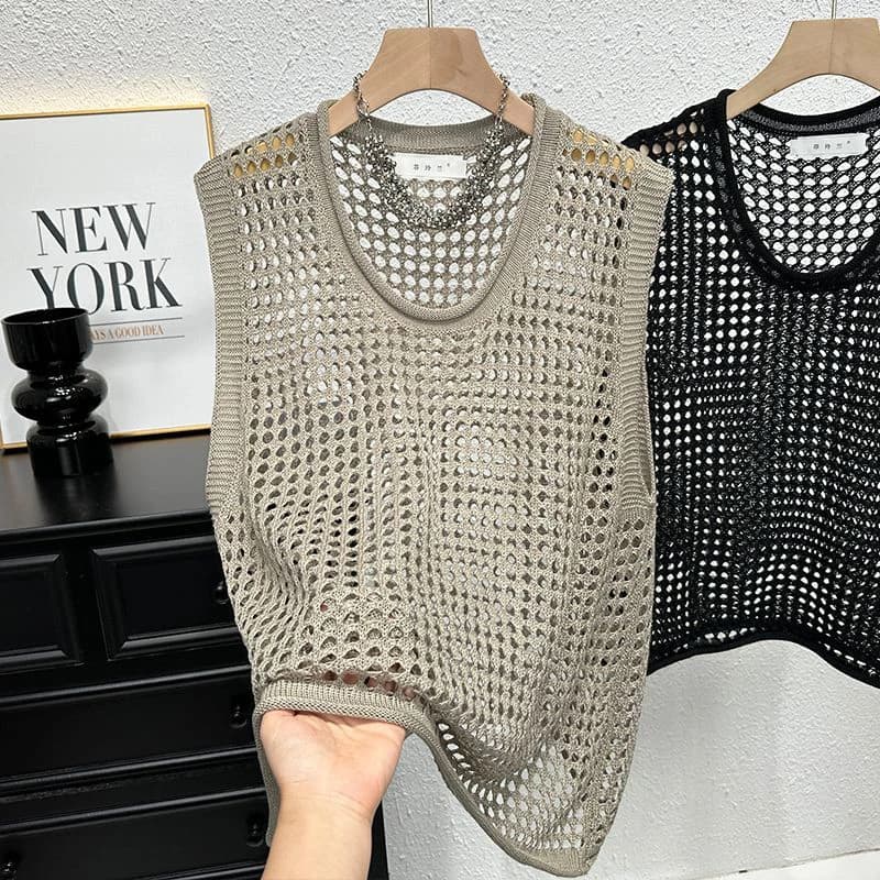 Summer Hollow Out Men Knitted Tank Tops Thin Wear Outside All-match Loose Layering Vest Teenagers Fashion Casual Streetwear Tee