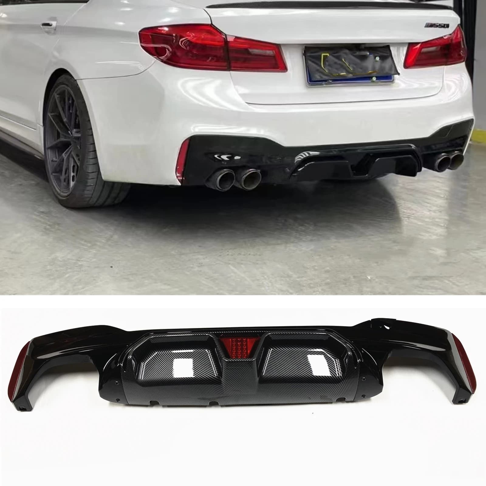 Car Rear Bumper Diffuser Lip W/ Lamp For BMW 5 Series G30 G38 2017-2023 M Sport Carbon Fiber Look/Gloss Black Splitter Spoiler