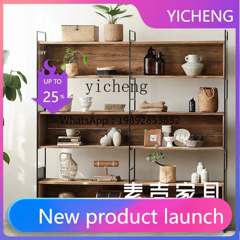 LYY Iron Stand Solid Wood Display Cabinet Living Room Wall Floor Storage Rack Modern Industrial Style Multi-Layer Bookcase