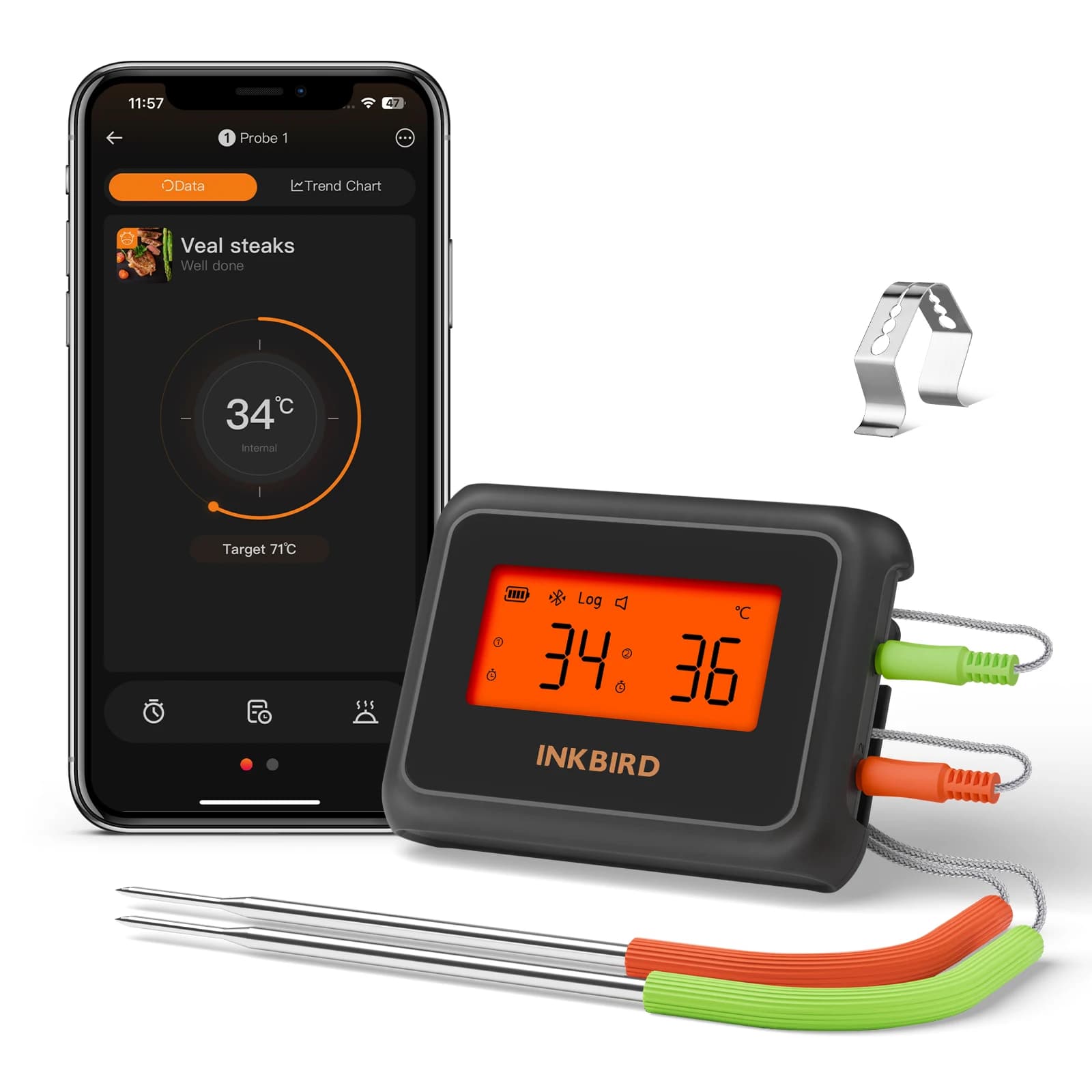 INKBIRD IDT-22-B Smart Bluetooth Food Meat Thermometer with Dual Probe with App HD LCD Temperature Alarms for BBQ Cooking Oven