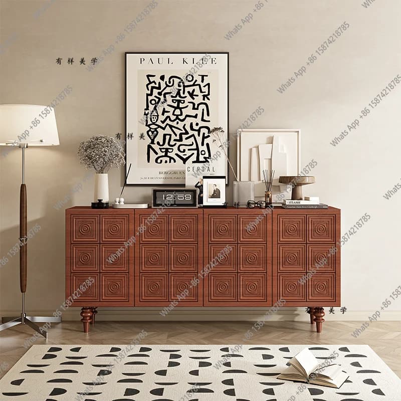 Retro entrance cabinet medieval solid wood locker, French light luxury ash wood carving flower and dining side cabinet