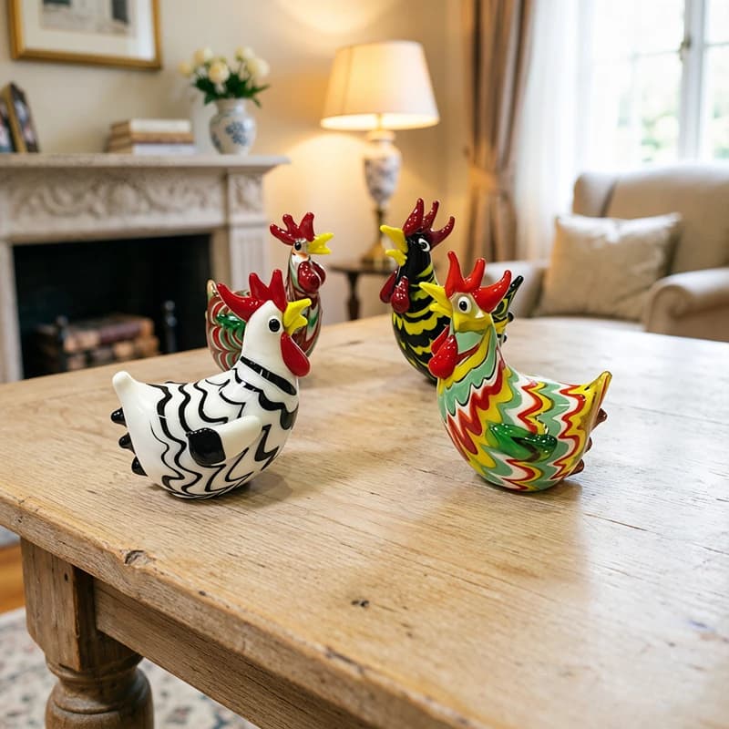 Handmade Murano Glass Chicken Figurine - Cute Animal Small Statue Ornament for Home Tabletop Indoor Room Decor Craft Collection