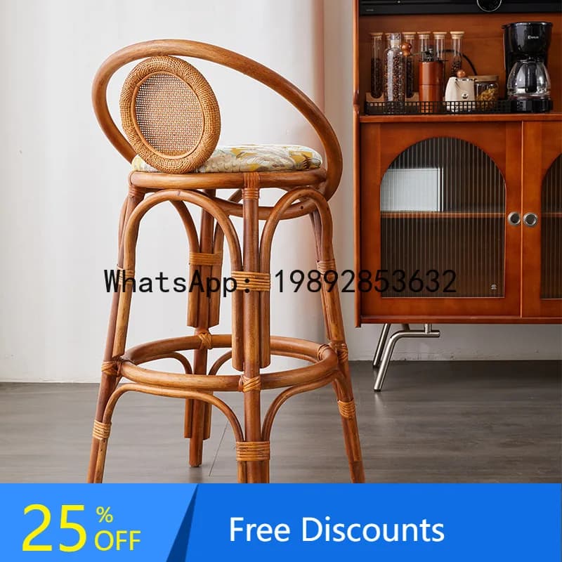 YFY Natural Real Rattan Bar Chair French Round Rattan Chair Home Balcony High Stool with Backrest High-end