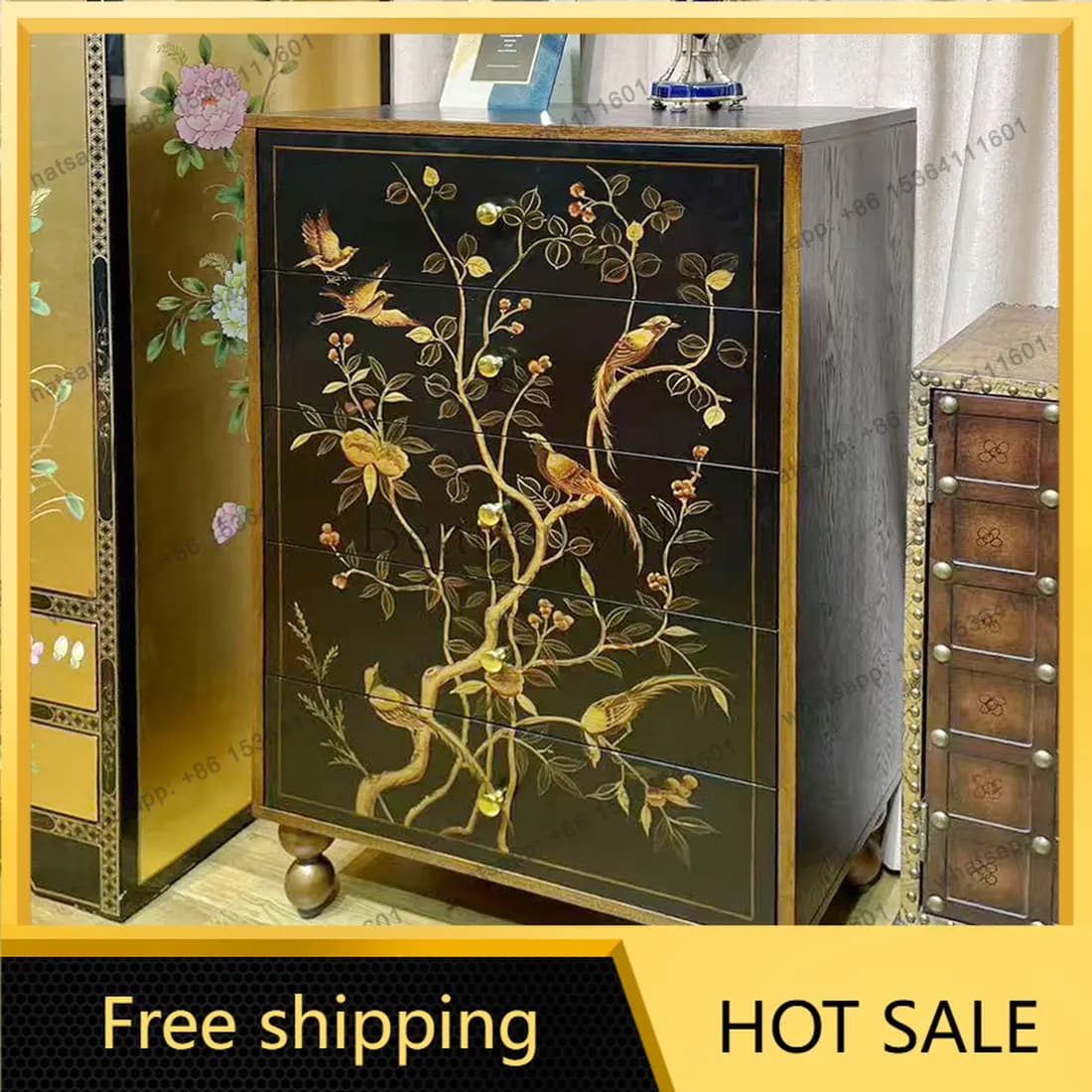 LD retro painted flower and bird black gold design entrance chest of drawers