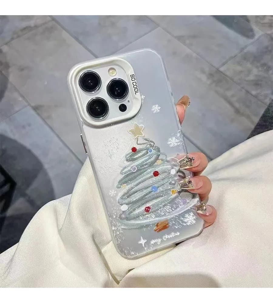 Silver Base Oil Painting Christmas Tree Snowflake Large Window Phone Case For iPhone 13 14 15 16 17 Pro Max Cover