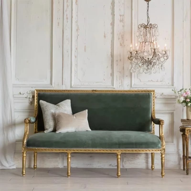 French retro solid wood velvet sofa carved gold old living room double or triple home hotel furniture