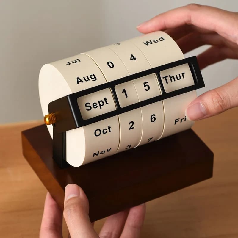 Rotating Perpetual Calendar - Desk Display with Spinning Wheel, Modern Office Decor for Time Management, Unique Gift Idea