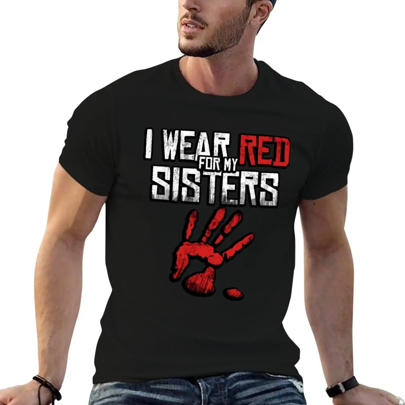 I Wear Red For My Sisters Native American Stop MMIW Red Hand No More Stolen SistersT-Shir T-Shirt