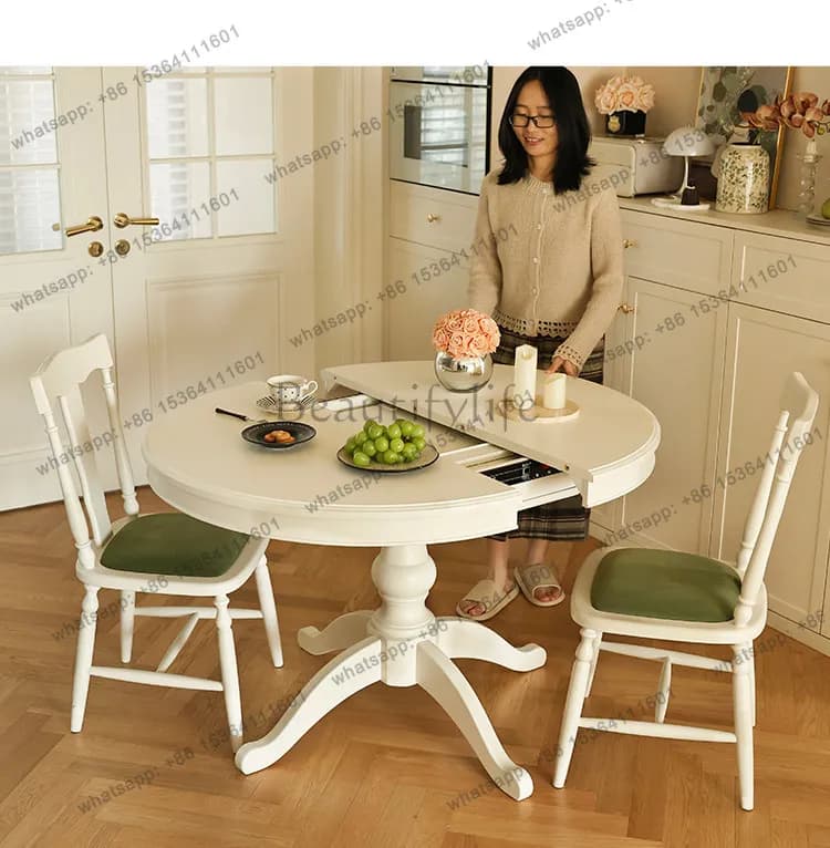 French cream household small apartment dining table retractable American high-end round solid wood function table