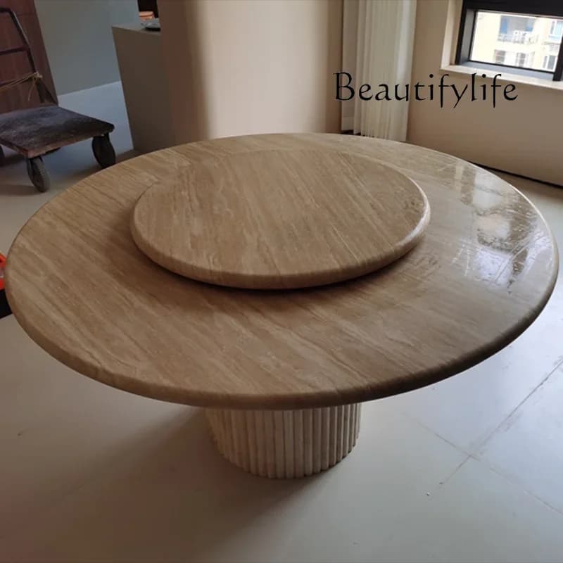 N36 Natural Marble Dining Table Turntable Wabi Style Nordic Simple Imported Roman Travertine Restaurant Round Table
