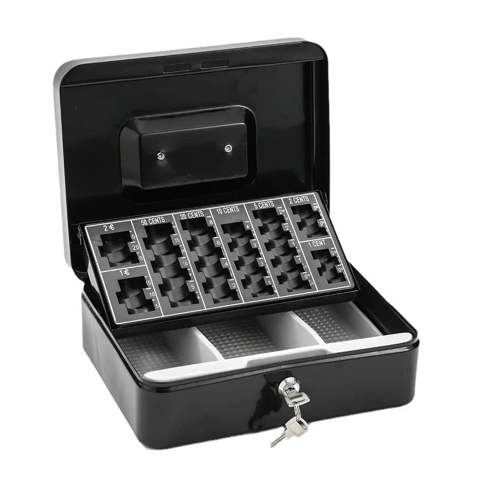 Large Metal Cash Box Key Storage Safe, Money Bank Euro Coins Saving Organizer, Cash Register Portable Box for Adults, Stores Use