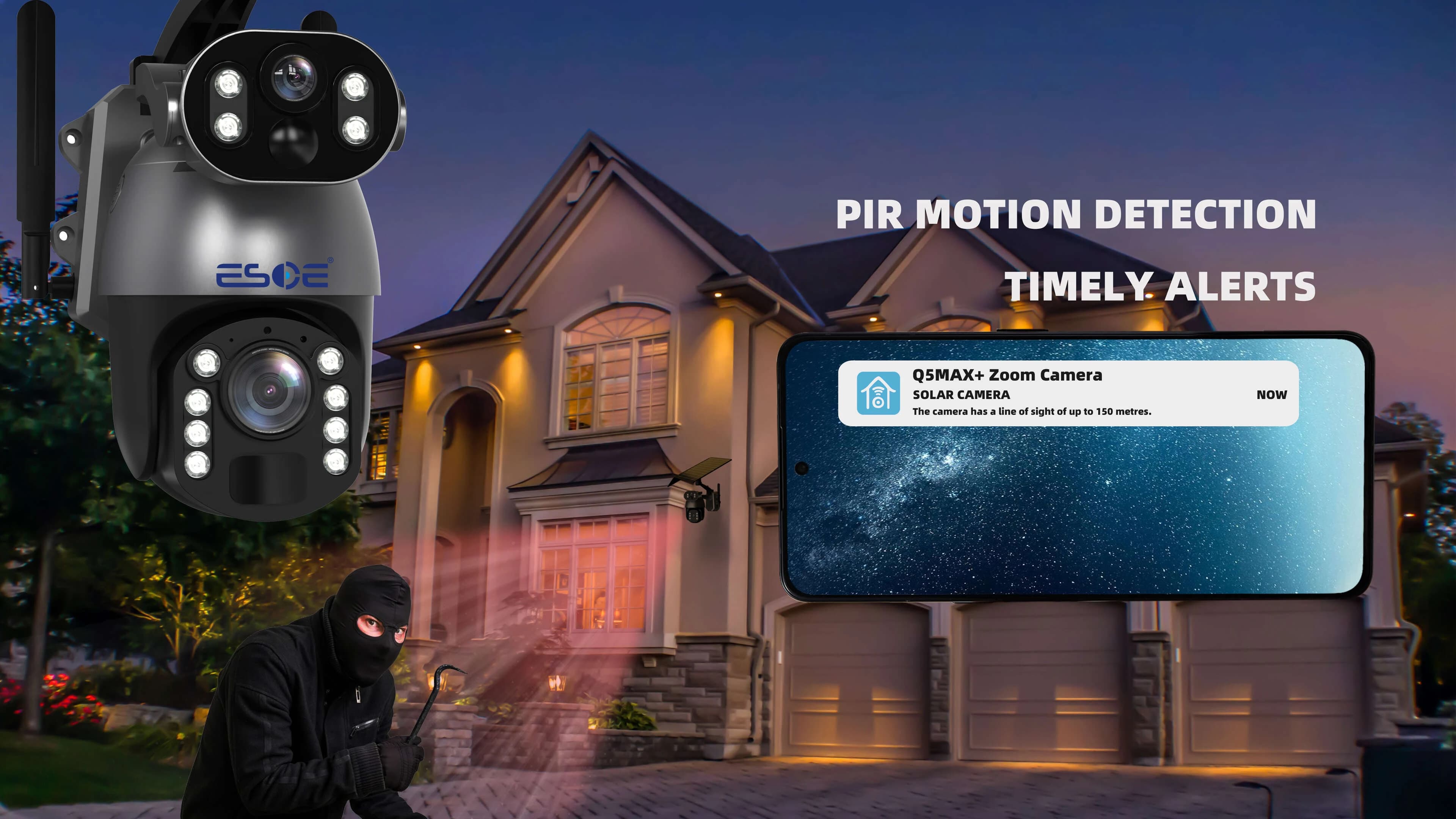 ESOE 360 Degree Wireless 6mp 4g Sim Card Outdoor Security Ip Intelligent Solar Energy Alert Ptz Cctv Solar Camera Without Wifi