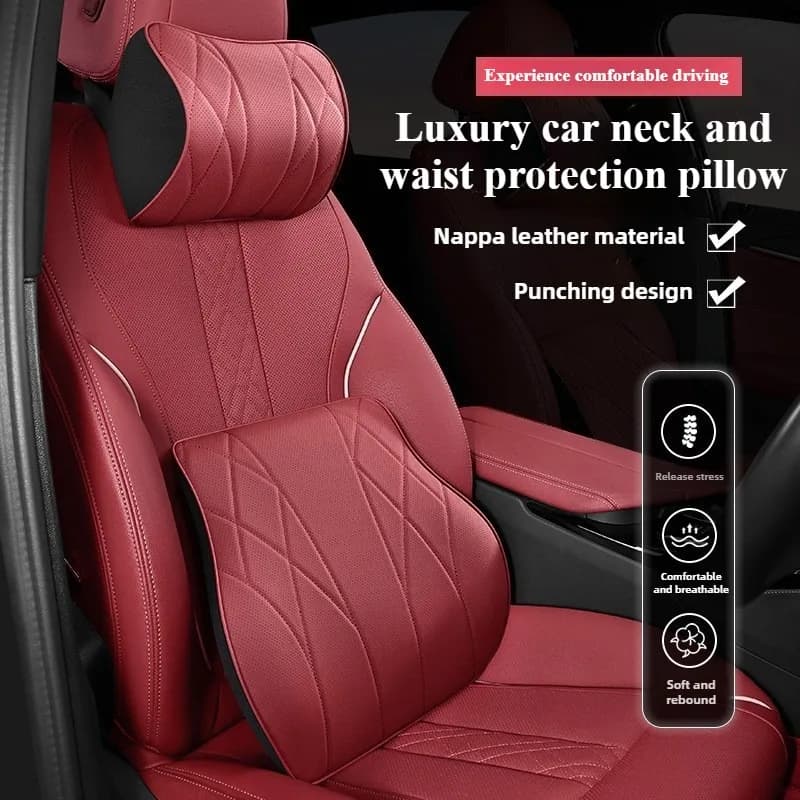 Leather Car Neck Pillow Car Waist Pillow Soft Memory Foam Car Headrest and Lumbar Support Interior Accessories Auto Seat Pillow