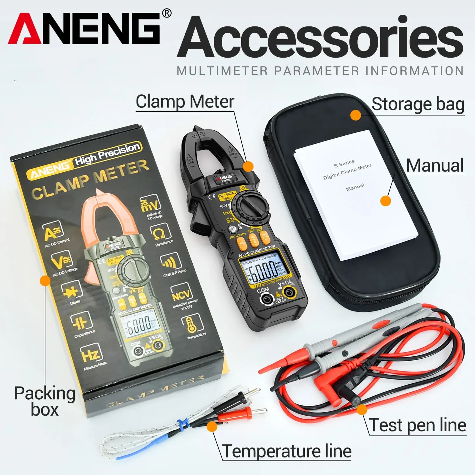 ANENG PN108 Digital Clamp Meter 600A AC DC Current 600V Voltage NCV Temperature Capacitance Tester Electrical Repair Instrument
