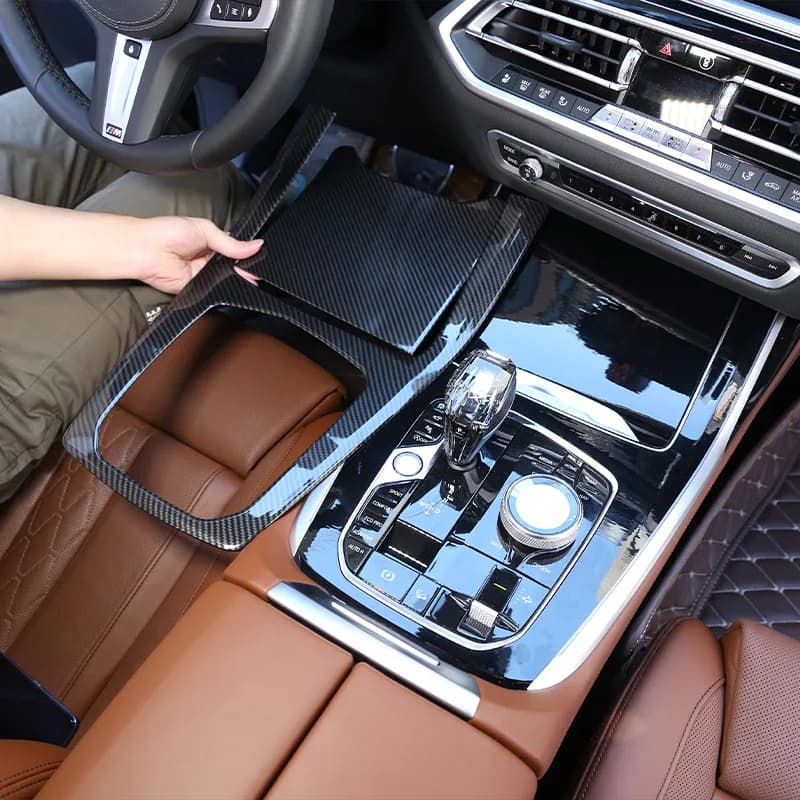 For BMW X5 G05 X7 G07 2019-2022 ABS Red/Carbon Fiber Gears Frame Cup Holder Gear Panel Covers Trim Interior Car Accessories