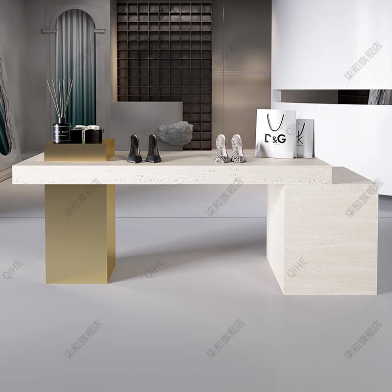 XL Clothing Store Travertine Island Display Table Stainless Steel Flowing Water Table Storage Table