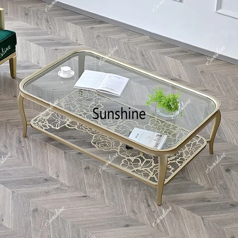 Tempered glass coffee table living room household hollow solid wood coffee table