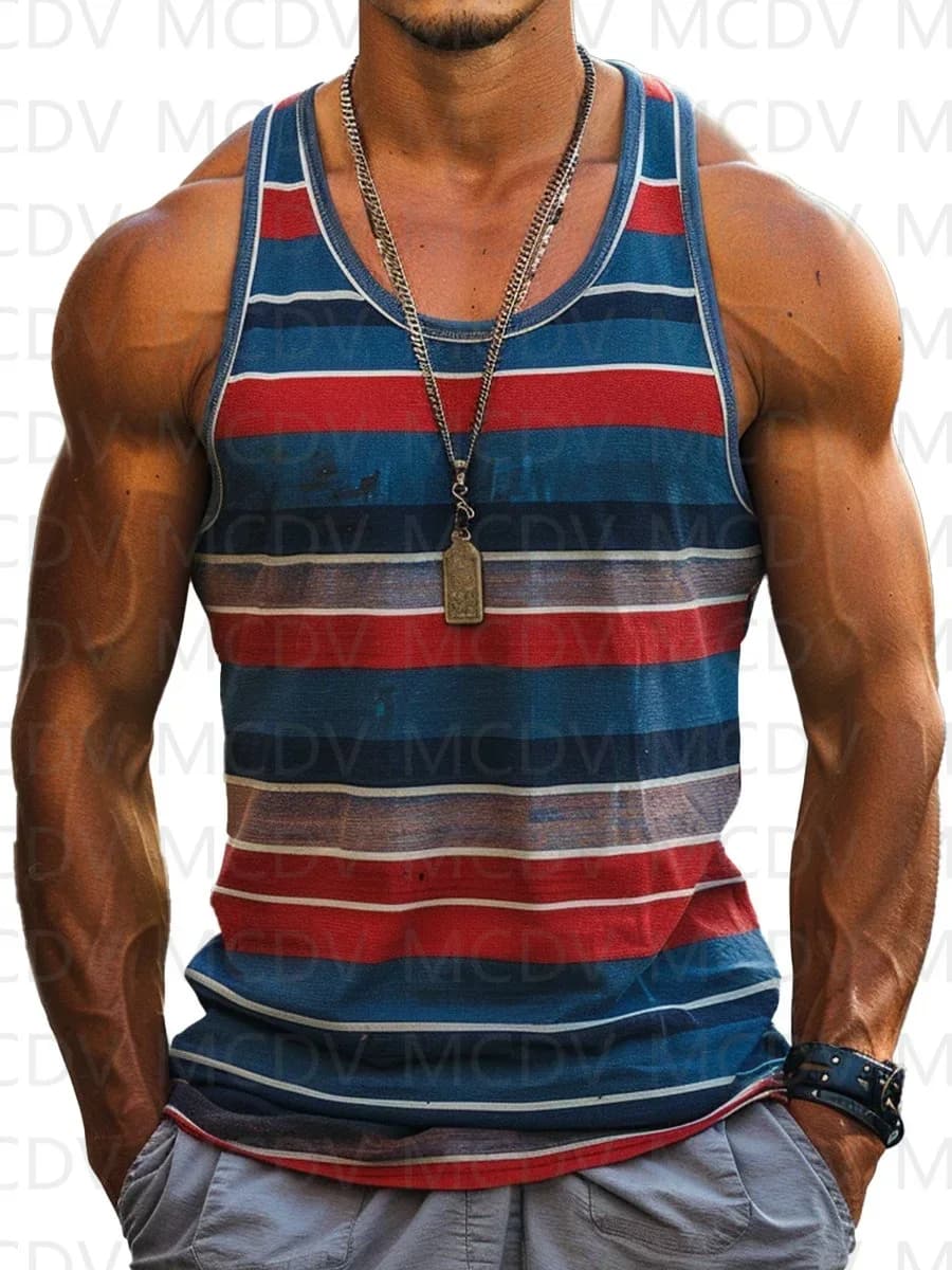 Men's Rainbow Vertical Stripes Print Round Neck Casual Tank Top 3D Printed Tank Tops Men Summer Tops