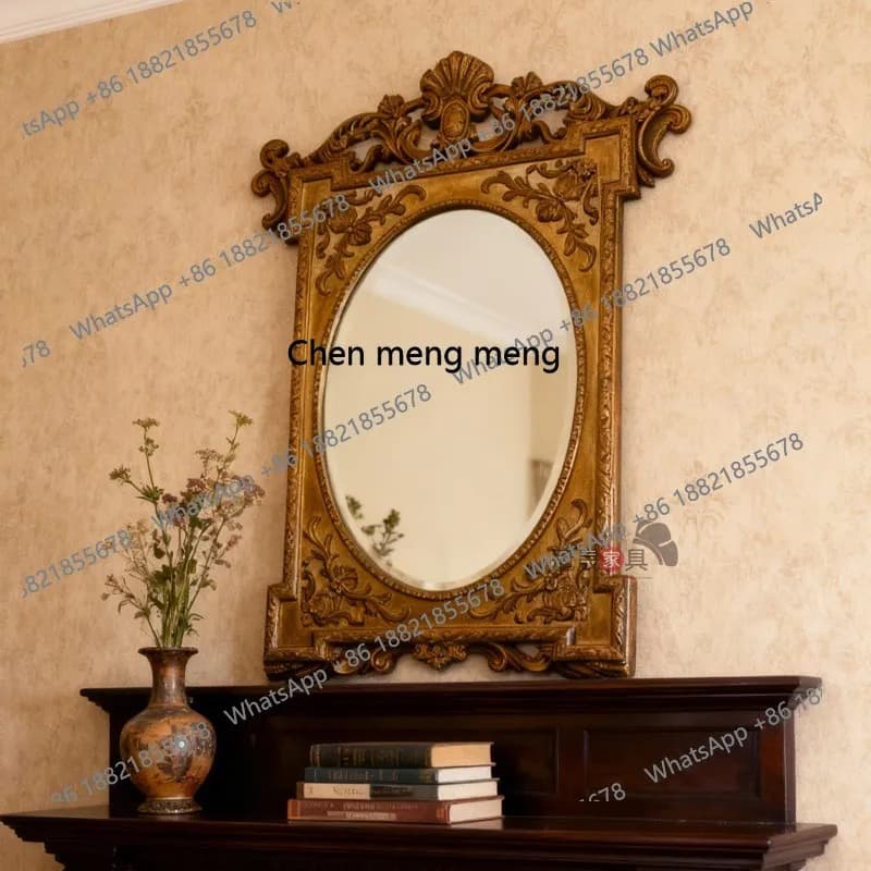 French retro dresser makeup mirror wall hanging living room entrance carved decorative mirror European style