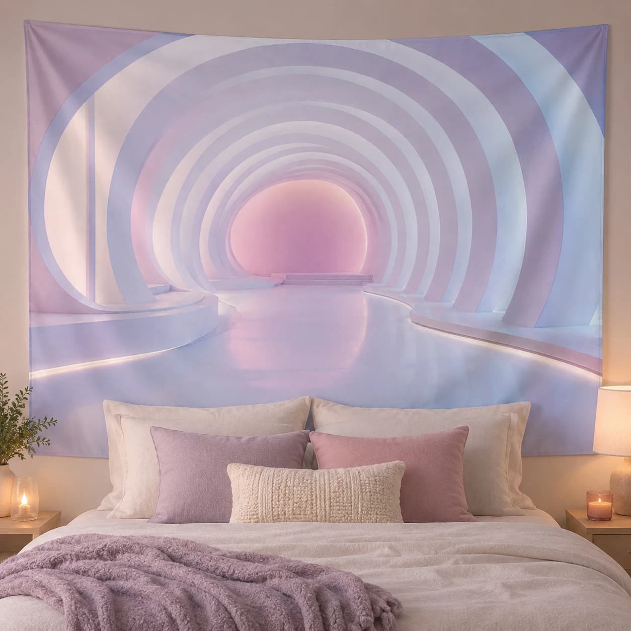 Pink Purple Gradient Dreamy 3D Tunnel Tapestry Space Corridor Background Cloth, Horizontal Aesthetic Live Streaming Wall Hanging