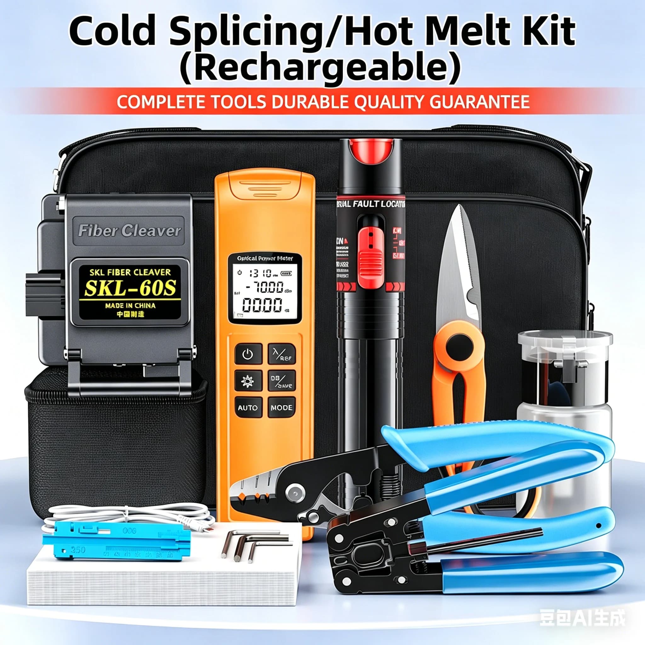 Fiber Optic Tool Kit for Power Meter Red Light Pen Cleaver Cold Splice Kit with Miller Clamp and Carrying Case