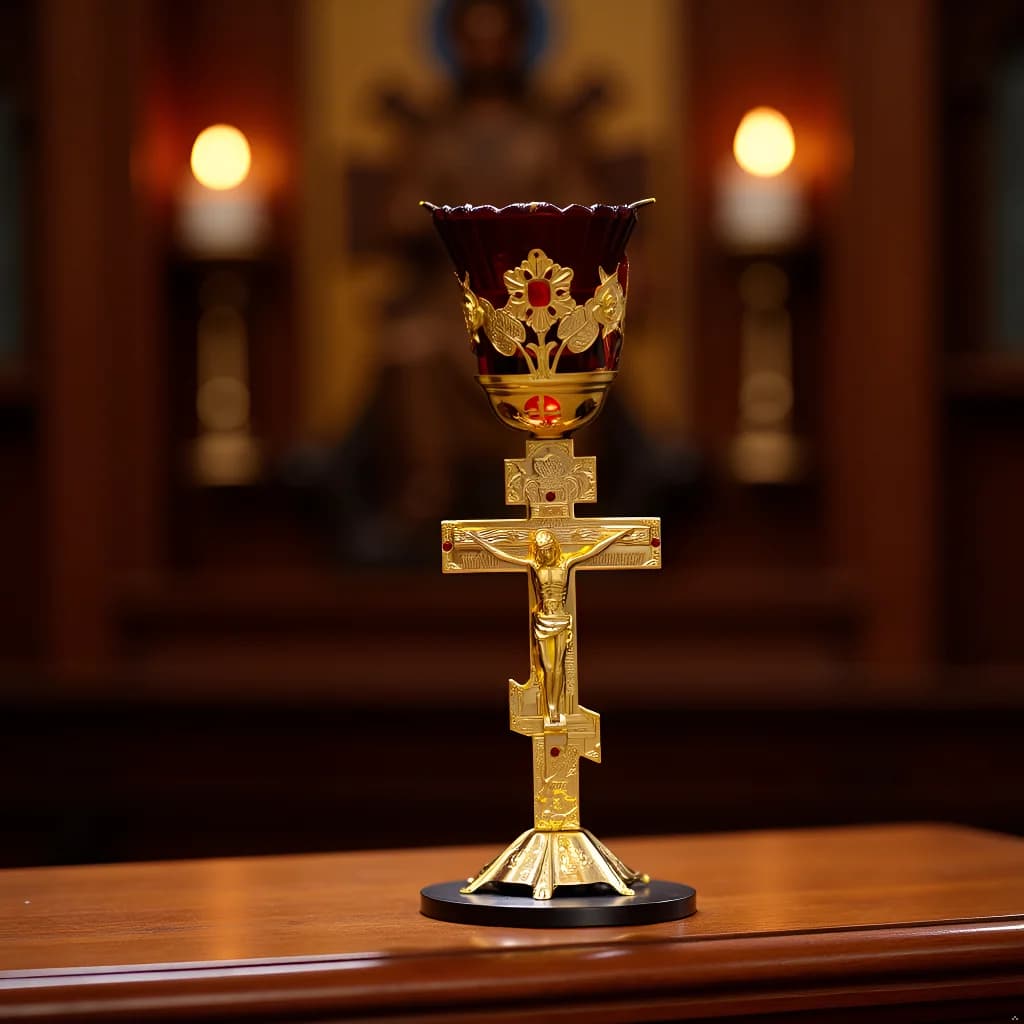 HTISOK Orthodox Oil Lamp, Orthodox Vigil Oil Lamp, Crucifix Red Glass Cup Wick holder, Home Altar Prayer Light, Church Decor