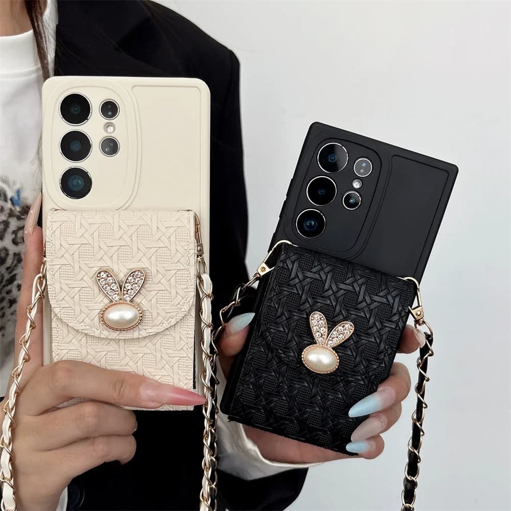 Luxury Bunny Card Holder Woven Texture Phone Case for S26 Ultra Luxury Wallet Crossbody Strap Cover for Samsung Galaxy S25 A57