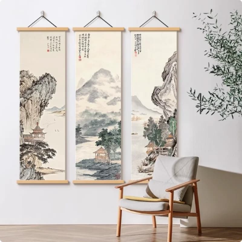 Wall Art Autumn Maple Leaves and Riverside Angler Chinoiserie Pearlescent Canvas Hanging Scroll with Wooden Rods for Study