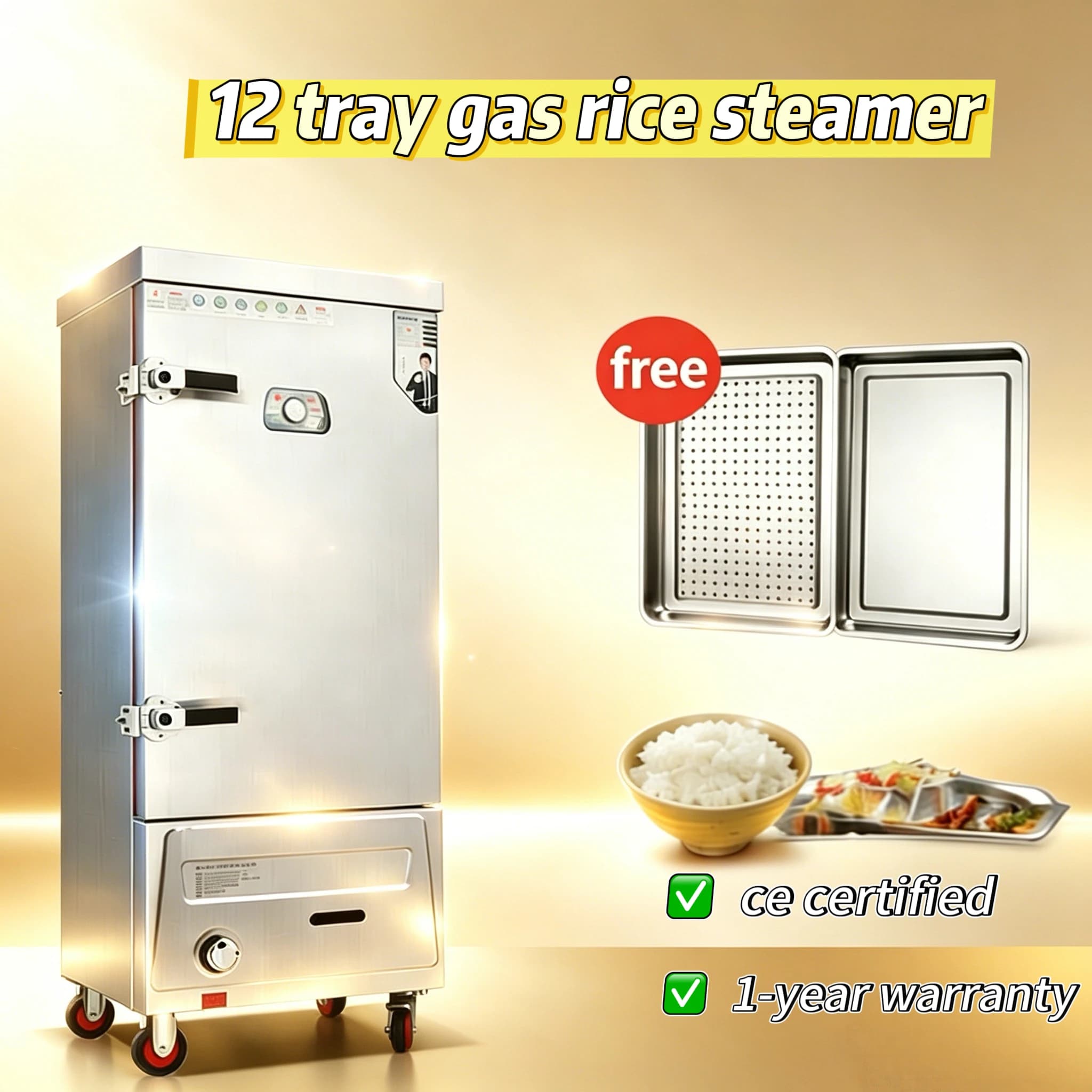 Hot Sale 12 Tray Single Door Gas Steam Rice Cabinet Industrial Food Steamer For Hotel Restaurant Use