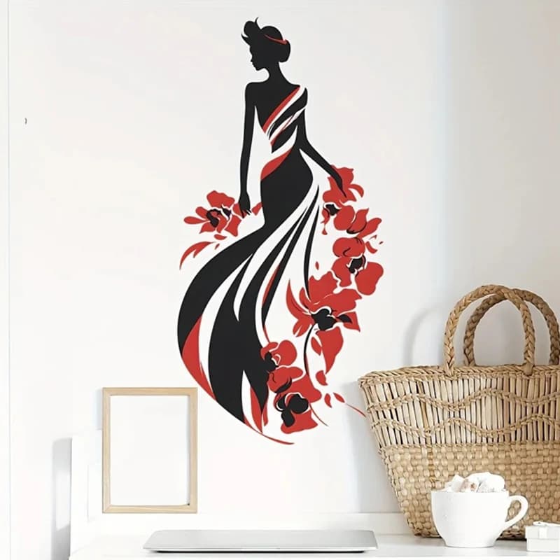 MT1202# Vinyl Wall Sticker with Elegant Woman Silhouette and Red Floral Pattern, Self-Adhesive Decor for Bedroom, Living Room