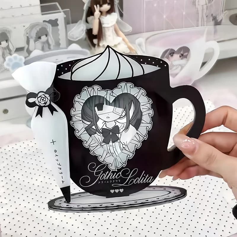 Cream Teacup 3inch Acrylic Photo Frame, Kawaii Heart Cutout Card Display Storage Stand, for Anime Kpop Merch Desk Shooting Decor