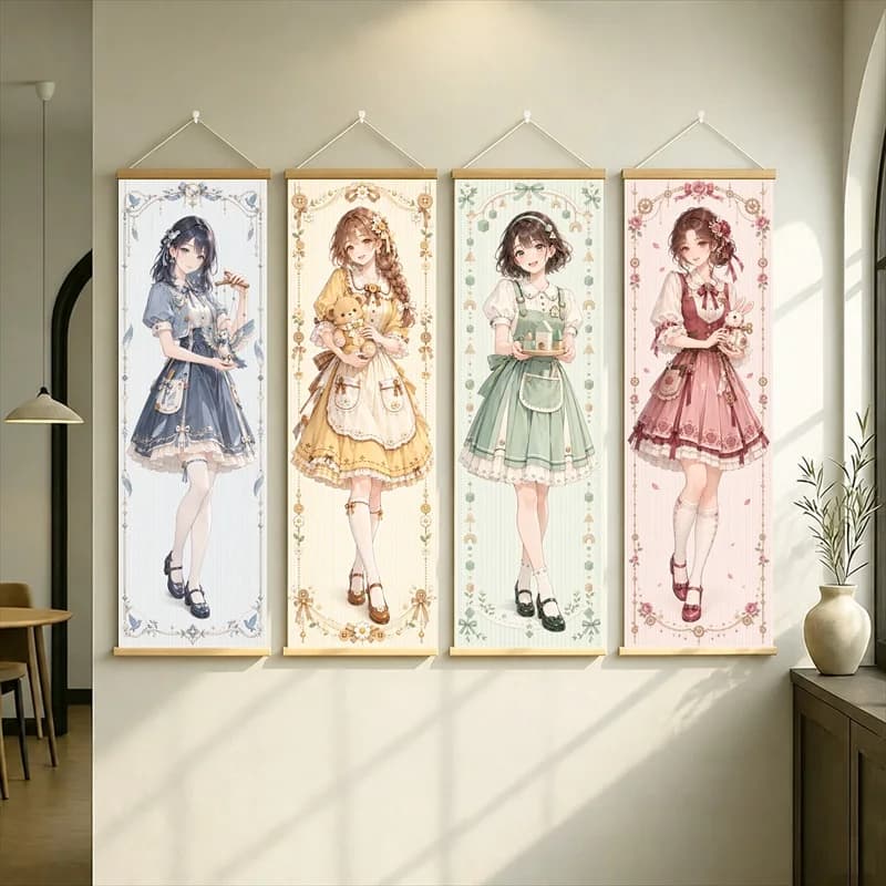 Anime Girls Hanging Scroll with Navy, Yellow, Green and Rose Dresses in a Delicate Floral Illustration Style for a Bedroom