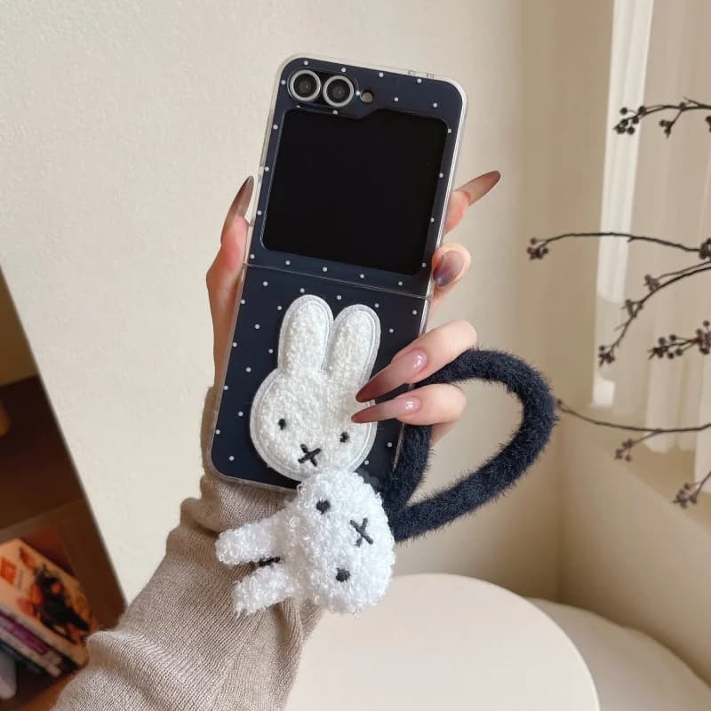 Cute Cartoon fluffy Miffy Polka Dots fold phone Case ForSamsung Z Flip 7 6 5 4 3 ZFlip7 Lovely Bow Miffy Furry Wrist Strap﻿﻿﻿﻿