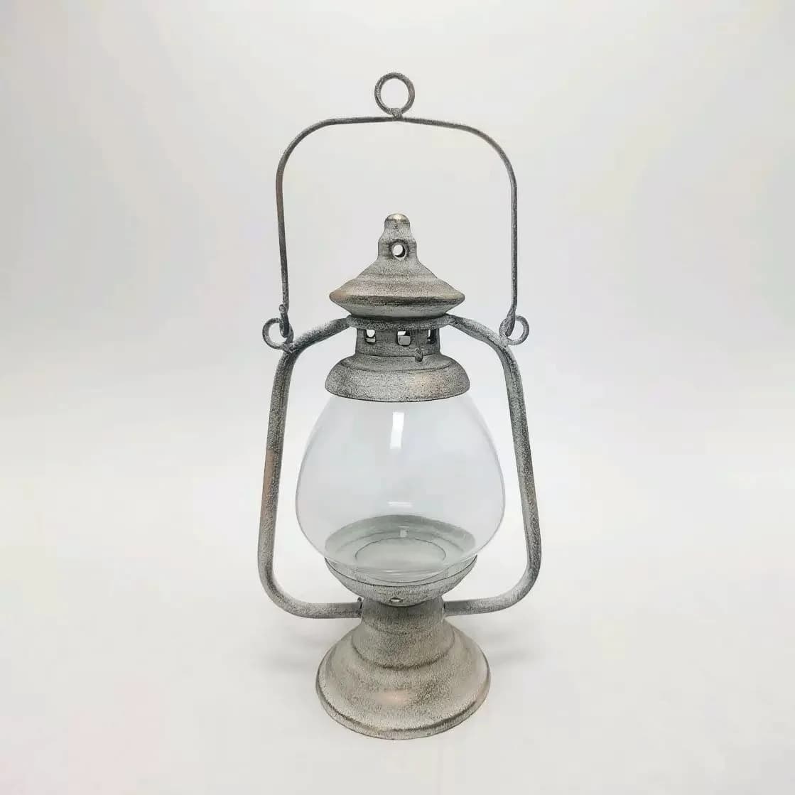 Vintage Iron Candle Holder Lantern with Glass Globe, Decorative LED Flameless Candle Light,Rustic Style Hurricane Lamp,10x6.3In