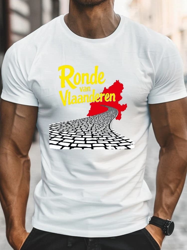 The cobblestone design of the trip to Flanders, Belgium, and the retro Belgian flag printed short-sleeved 100% cotton T-shirt.