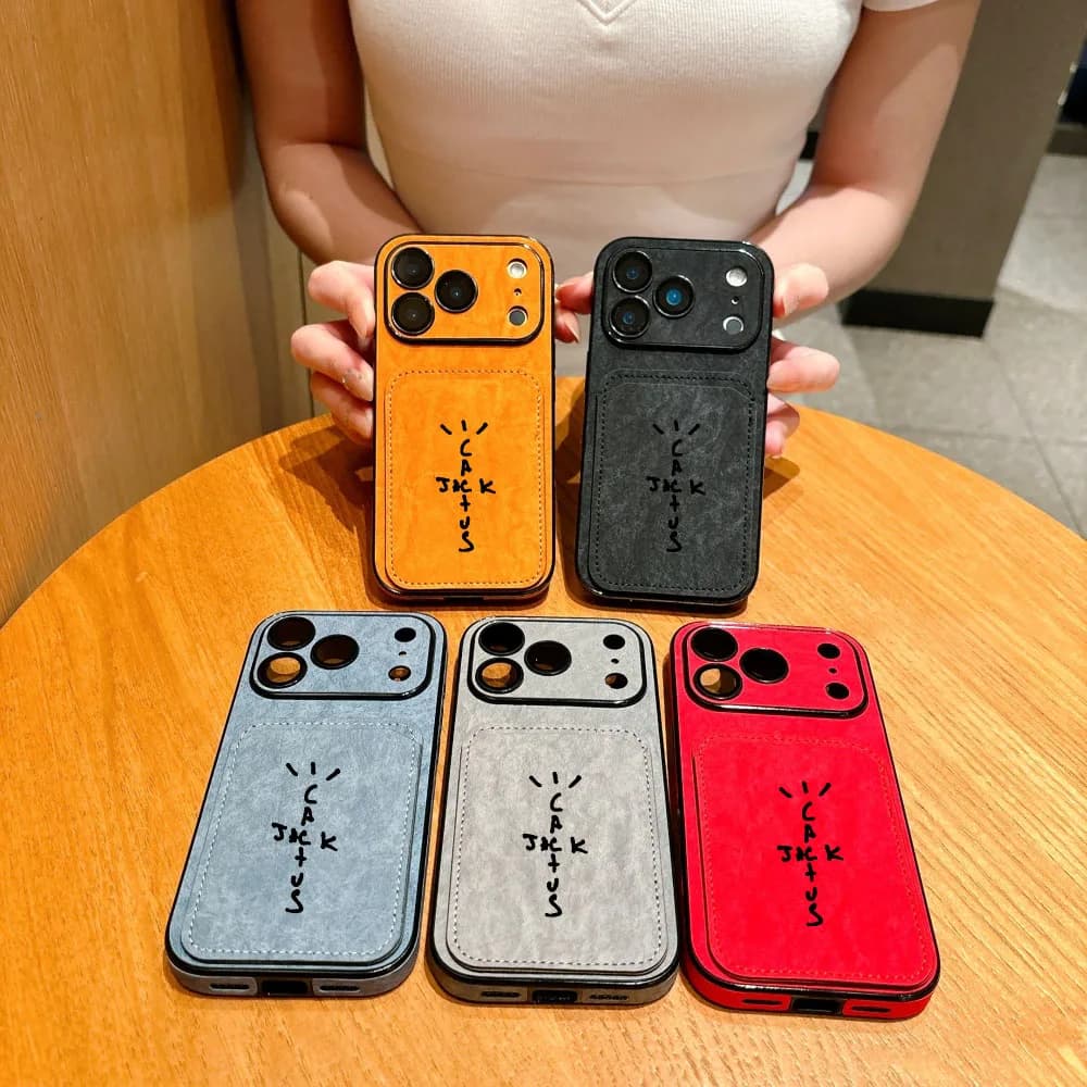 Luxury Skin feel leather Travis Card Holder Wallet Soft Case for iPhone 13 14 15 16 17 Pro Max  X Camera Lens Protection Cover