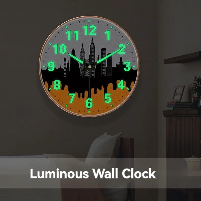 Luminous Wall Clock City 2D Dial Skyline Silent Movement Glow In The Dark Number Modern Decor or Living Room Bedroom Office