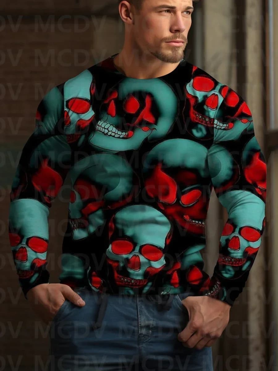 Men's Skull Ghost Halloween Print Long Sleeve T-Shirt Halloween Shirts