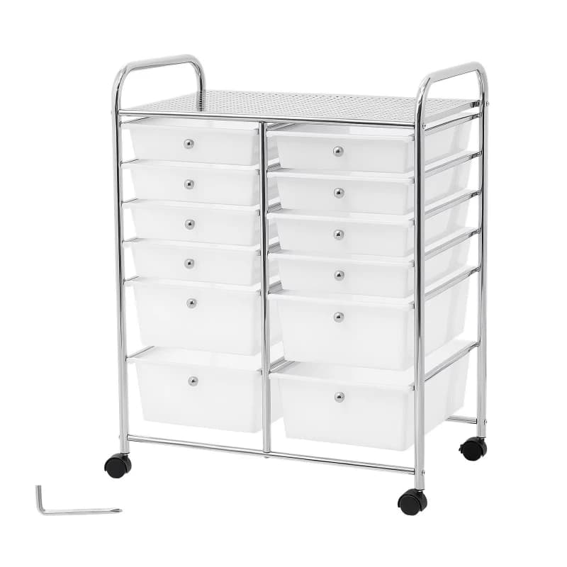Rolling cart with 12 drawers, double row storage cart, mobile utility cart with chrome steel frame and wooden drawers