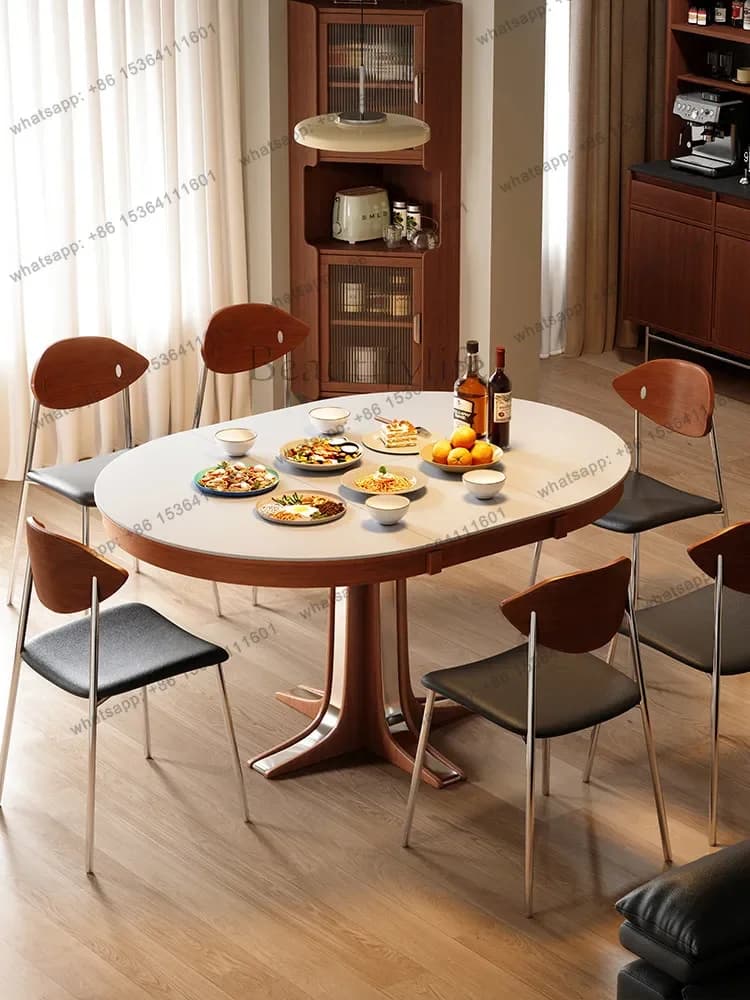 12Medieval rock slab retractable dining table round solid wood French small apartment round table